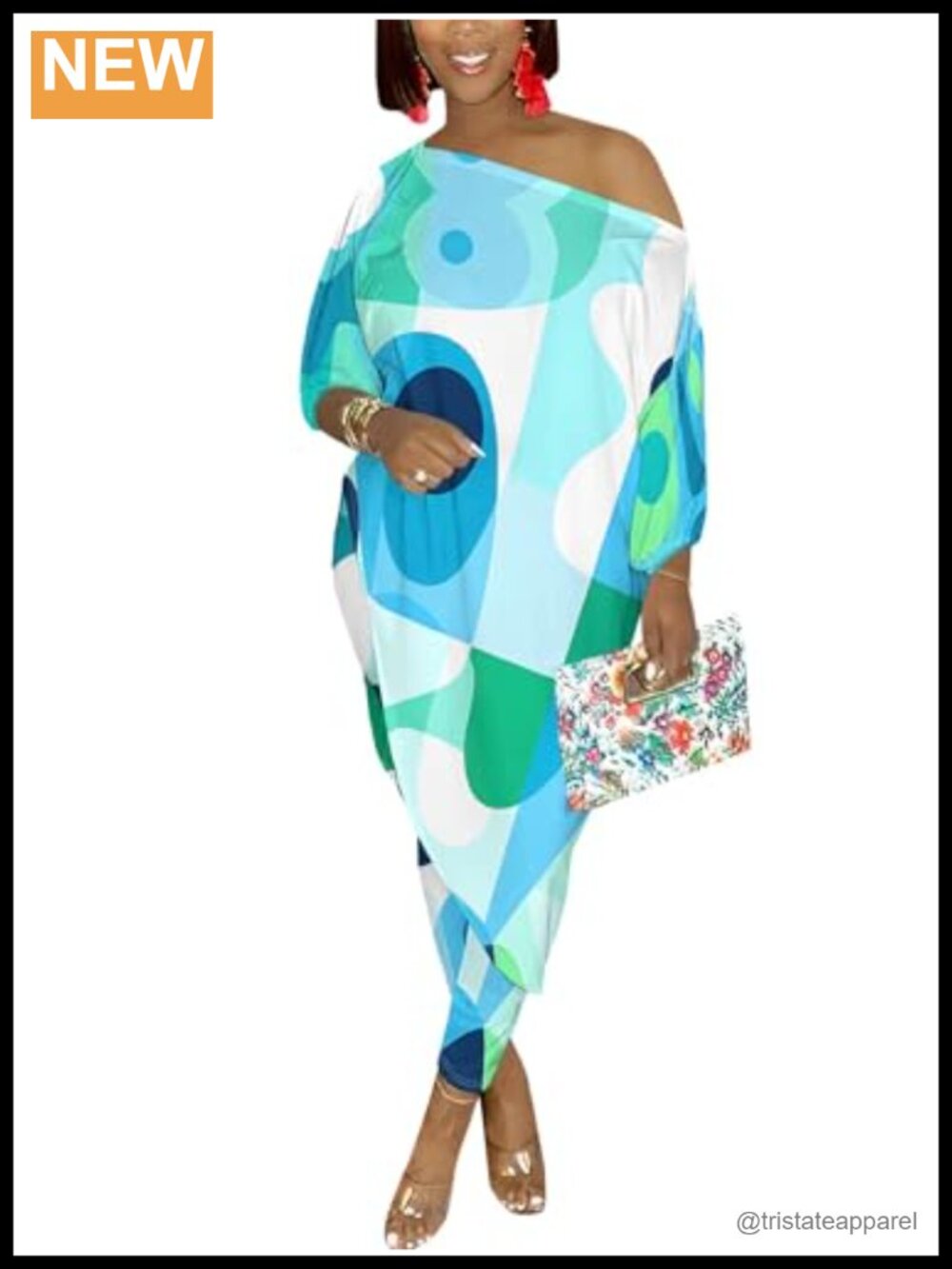 Women's Summer 3/4 Sleeve Printed Sweatshirt Bodycon Pants 2 Piece Set